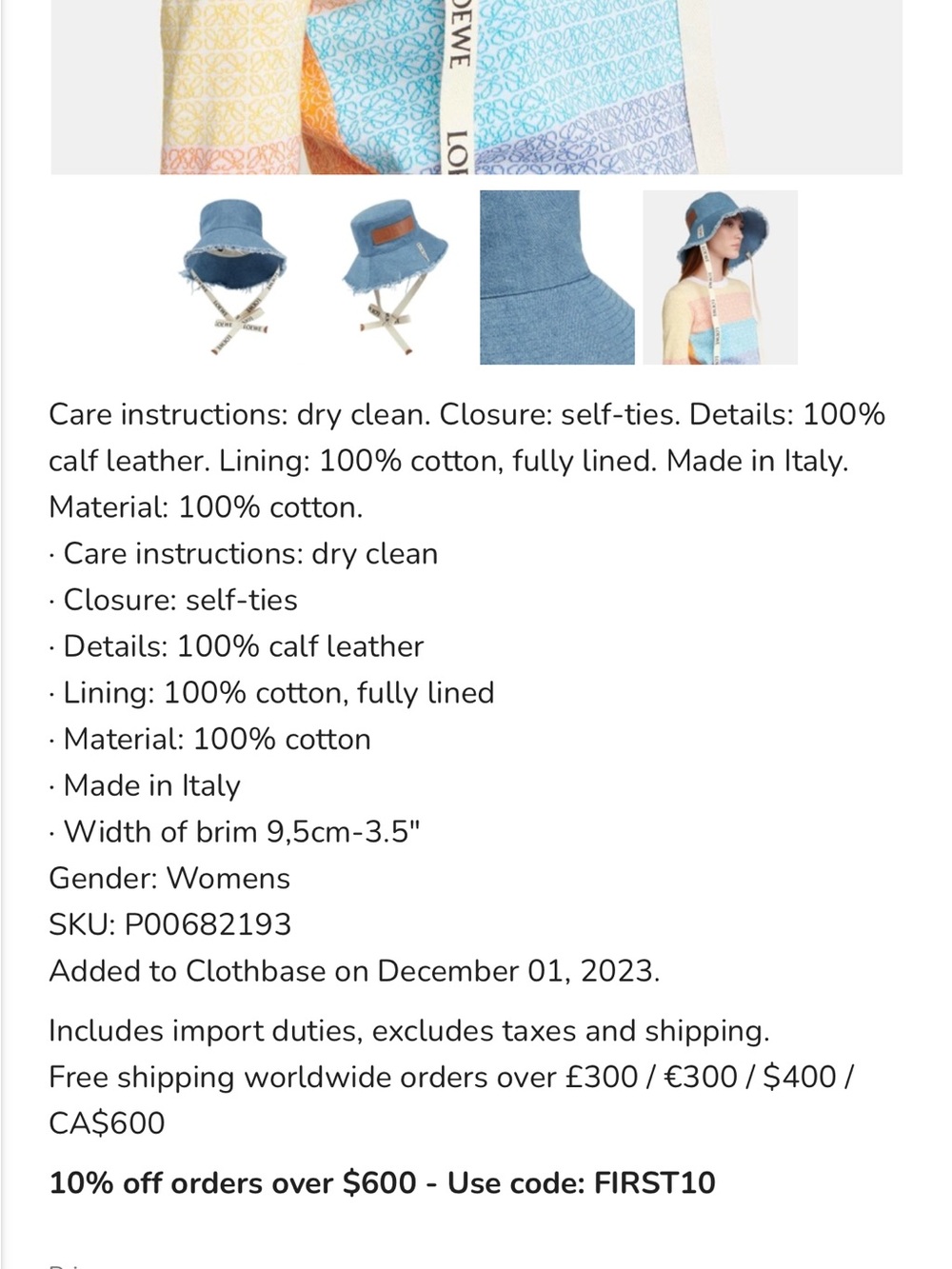 Loewe Light Blue Frayed Denim Bucket Hat with Branded Chin Straps - Picture 3 of 7